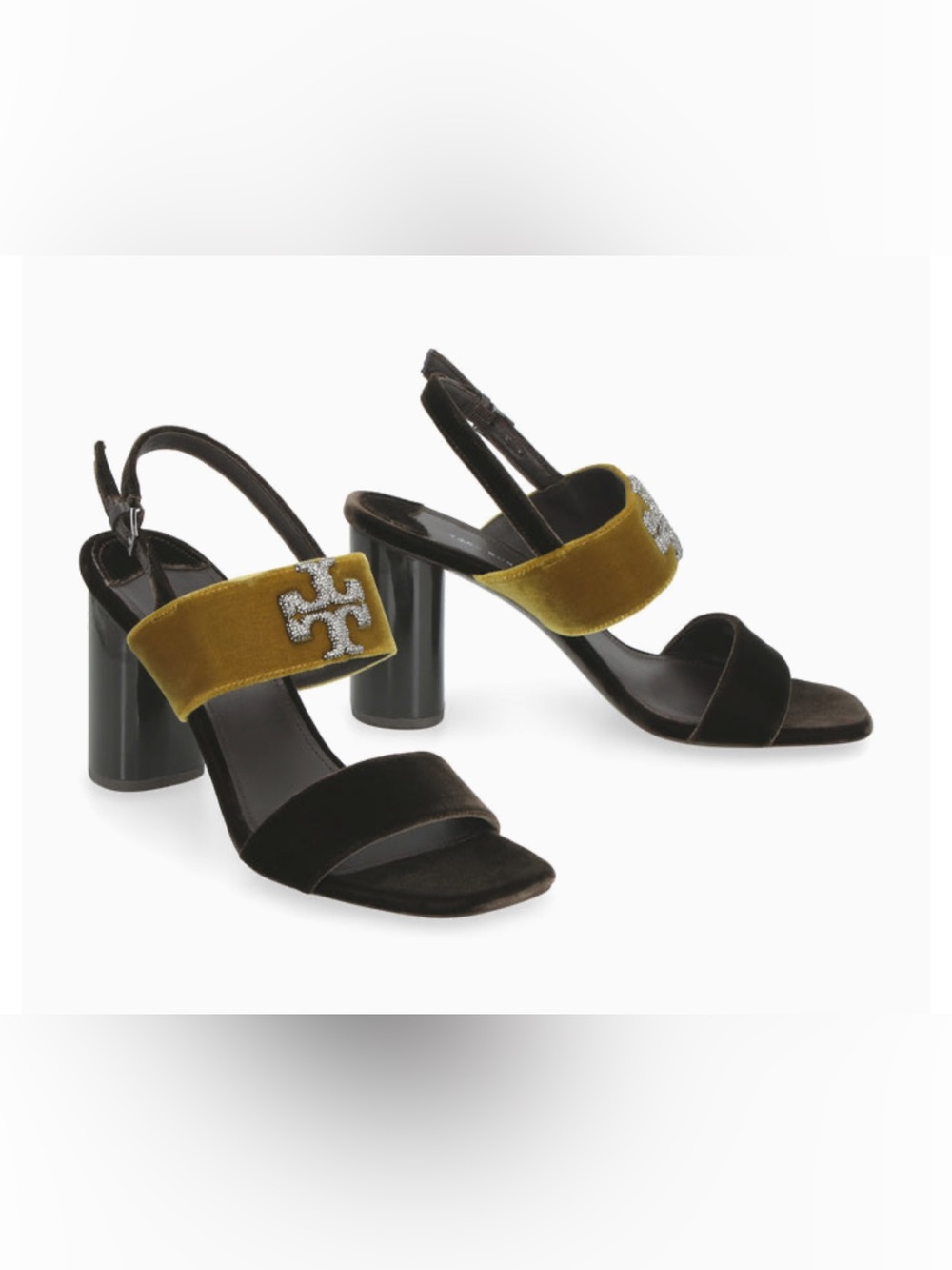 Tory Burch Black and Olive Velvet Block Heel Sandals with Crystal Logo